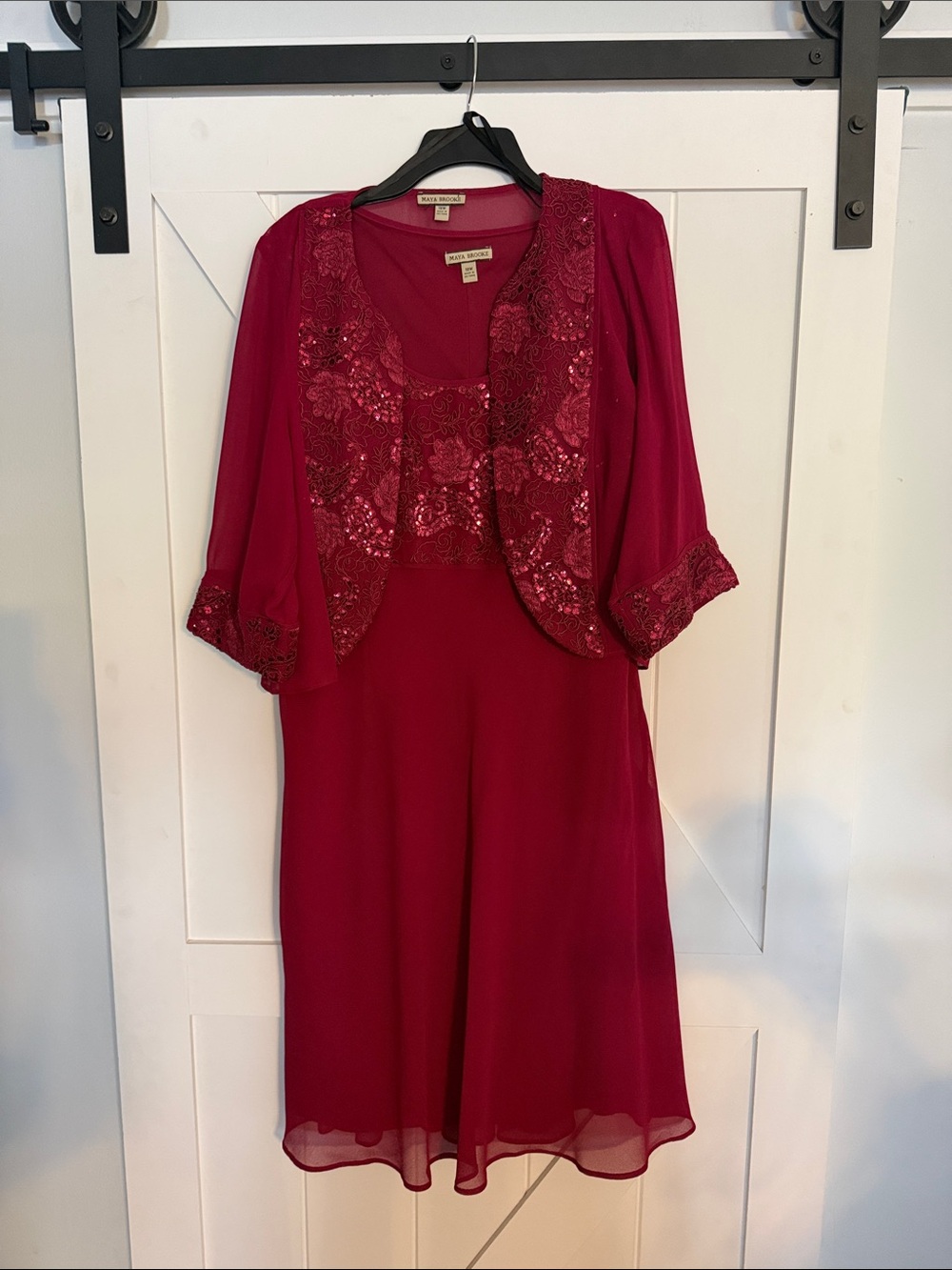Maya Brooke Evenings Ruby Red Embellished Midi Dress with Matching Jacket